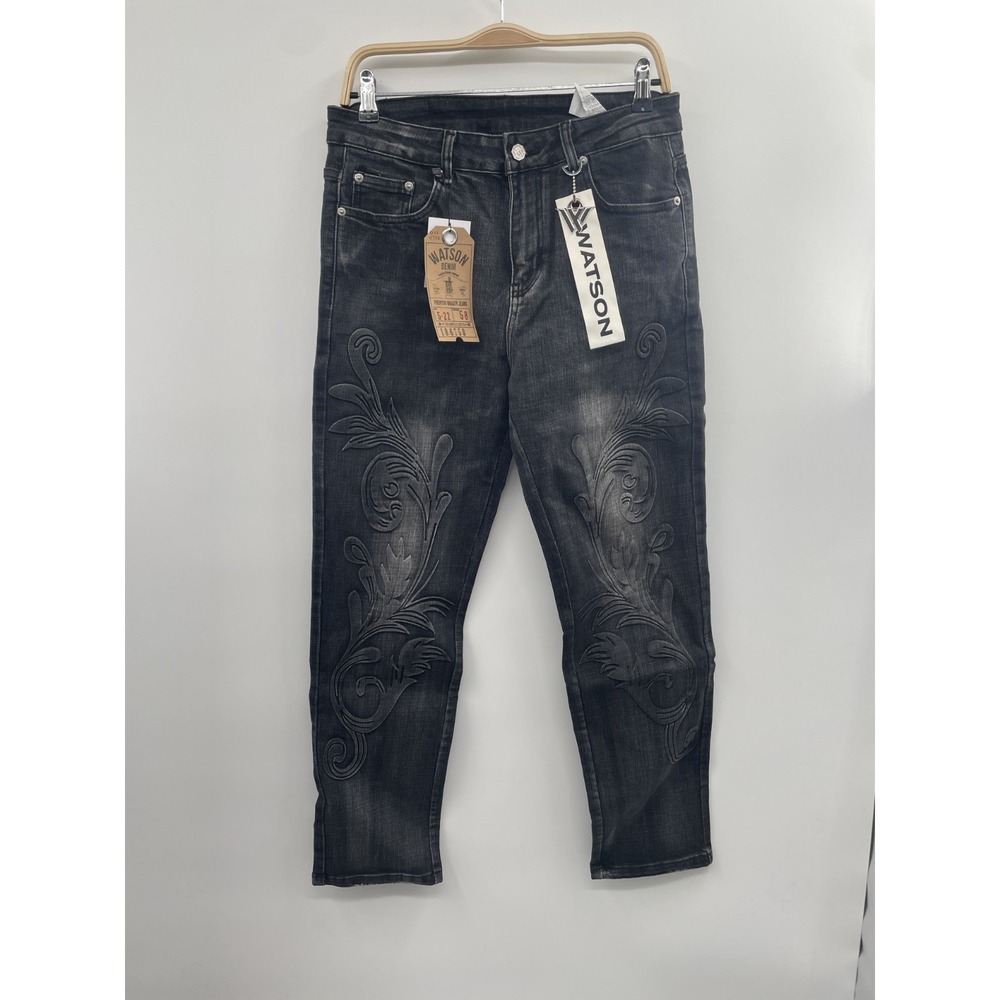 NWT Watson Straight Leg Jeans Men's 32 Black Denim Dark Wash Embroidered Hipster